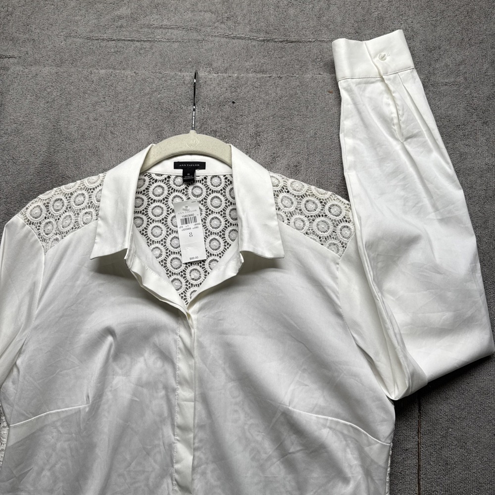 Ann Taylor White Lace Top 8 Long Sleeve Button Up Feminine Elegant Blouse